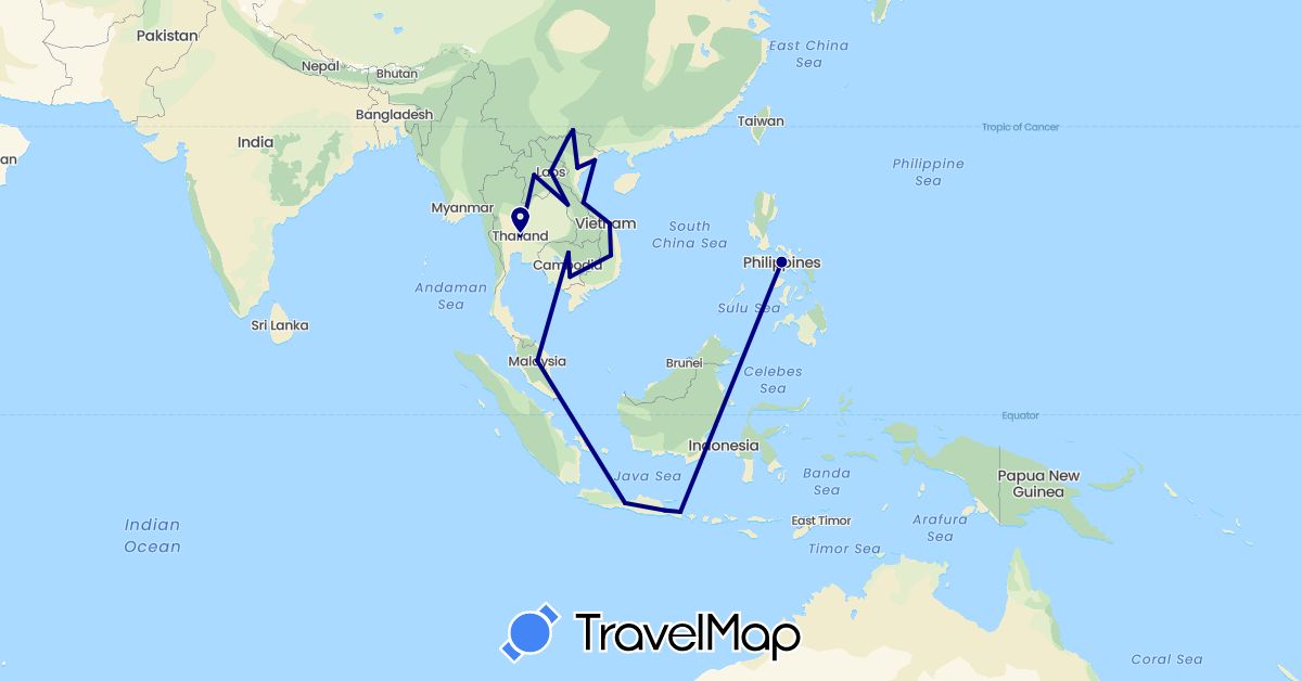 TravelMap itinerary: driving in Indonesia, Cambodia, Laos, Malaysia, Philippines, Thailand, Vietnam (Asia)